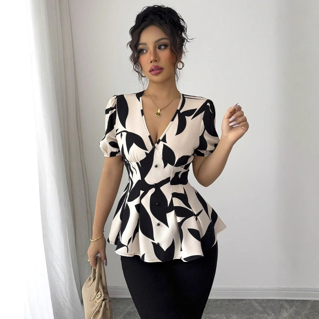 Abstract Print Puff-Sleeve Peplum Blouse