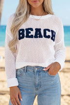 Chenille BEACH Lettering Cut-Out Knit Sweater