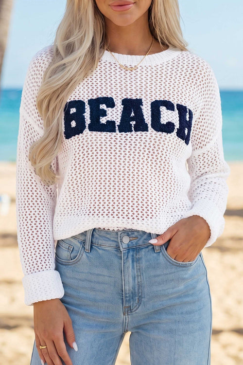 Chenille BEACH Lettering Cut-Out Knit Sweater