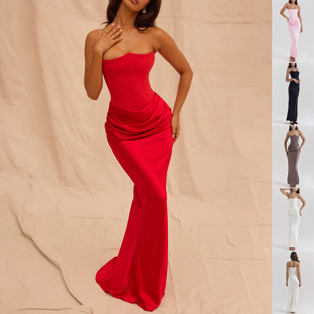 Strapless Corset Ruched Satin Maxi Dress