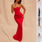 Strapless Corset Ruched Satin Maxi Dress