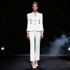 Puff-Sleeve Peplum Blazer and Pants Two-Piece Set
