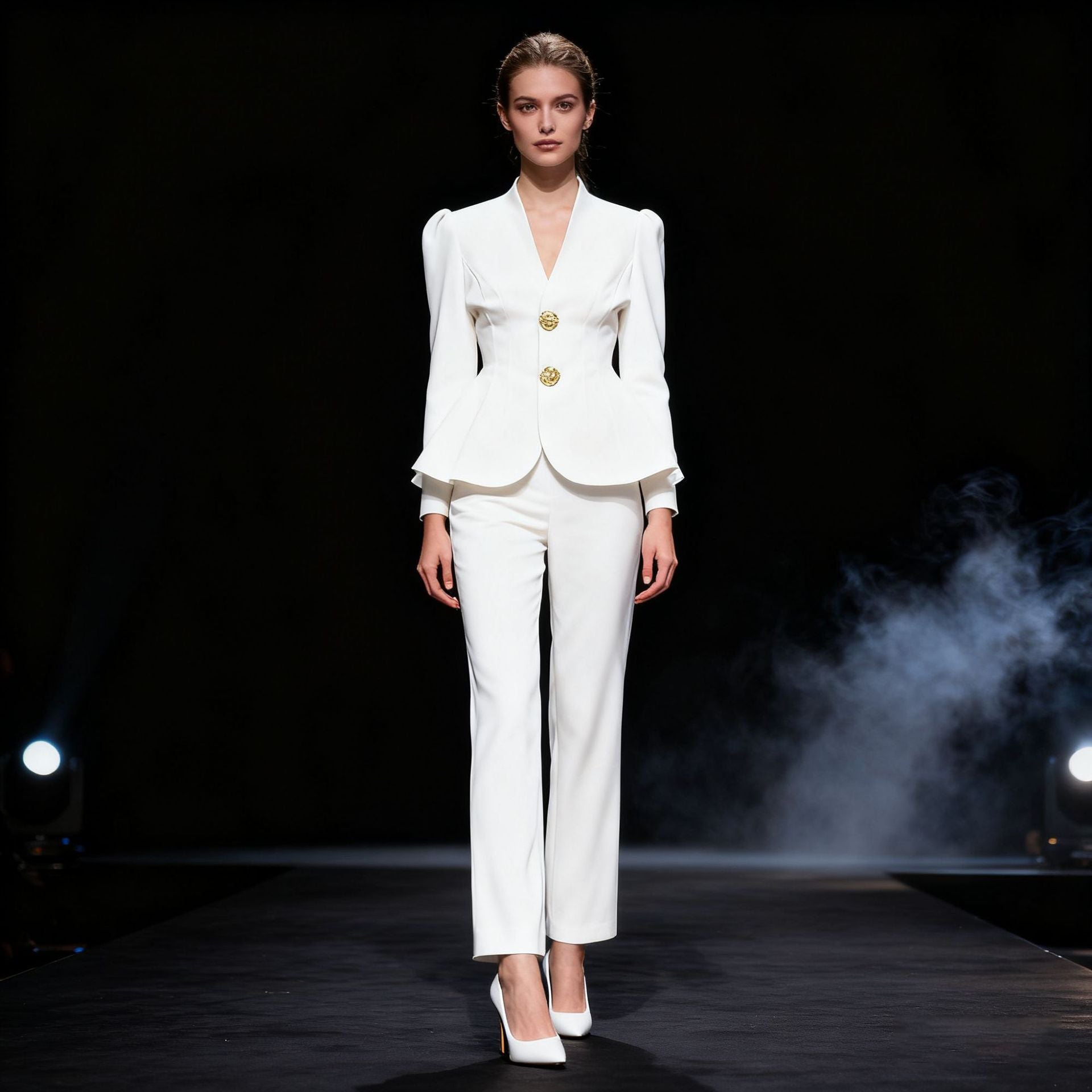 Puff-Sleeve Peplum Blazer and Pants Two-Piece Set
