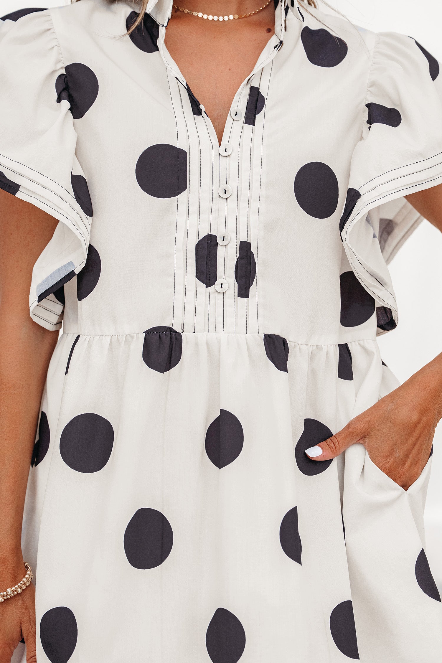 White Polka Dot Ruffle Sleeve Half Button Mini Dress