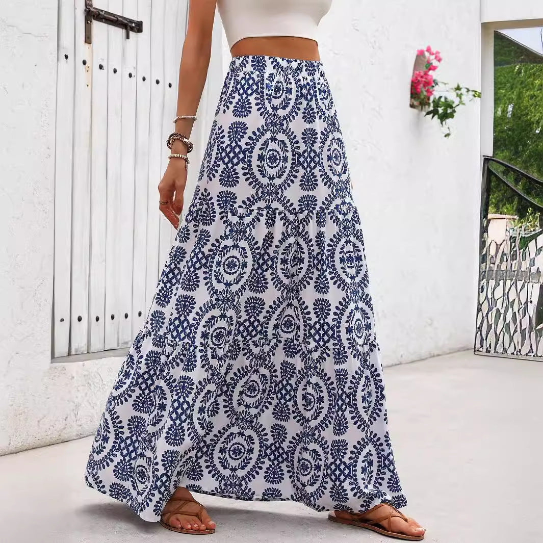 Blue Porcelain Print A-Line Maxi Skirt