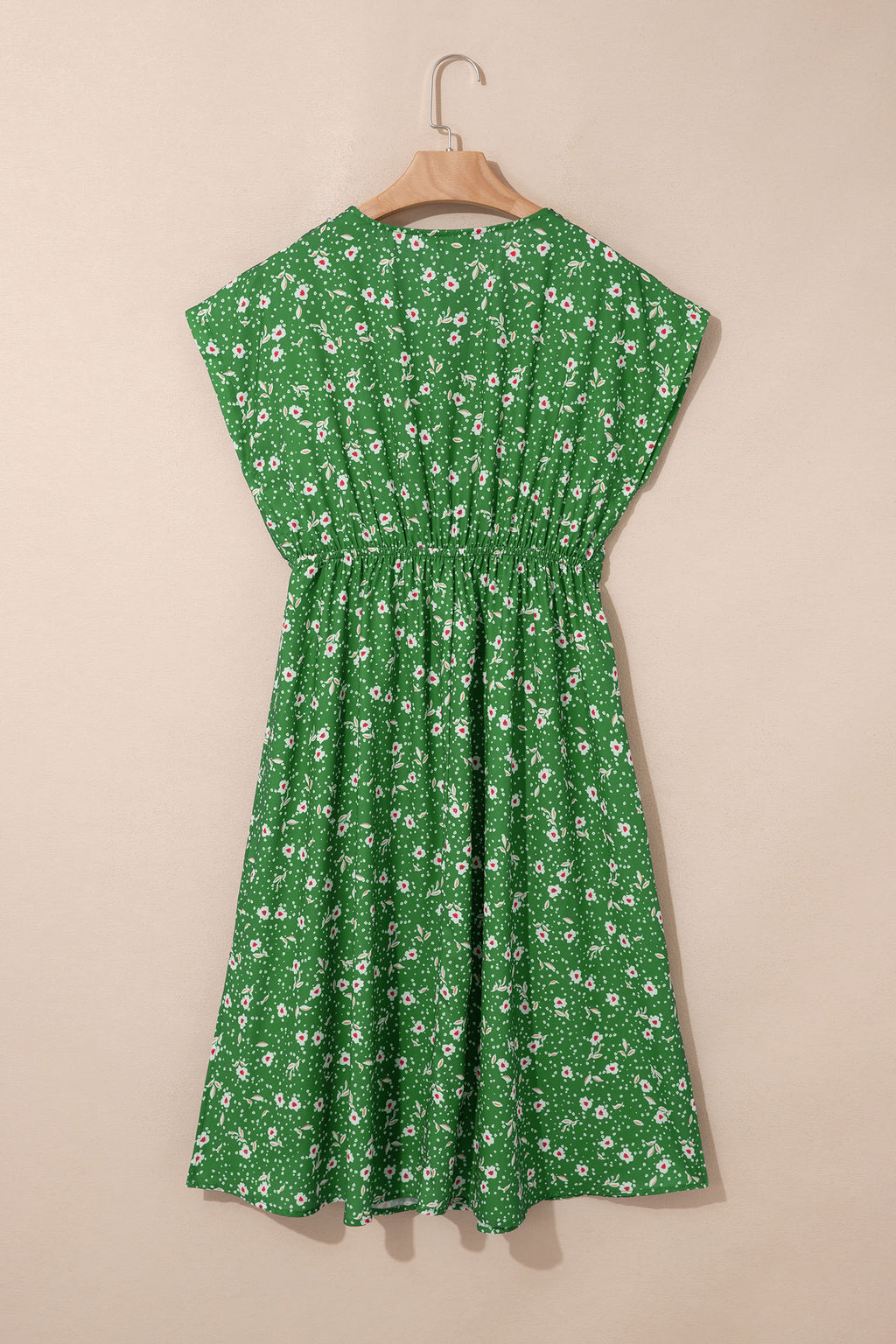 Abstract Print Embroidered V-Neck Drawstring Midi Dress