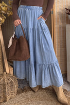 Tiered Ruffle Flared Denim Maxi Skirt