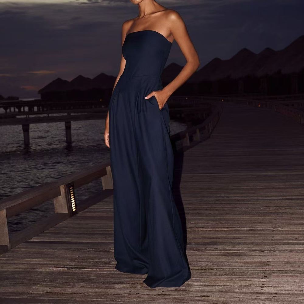 Strapless Pleated Wide-Leg Jumpsuit