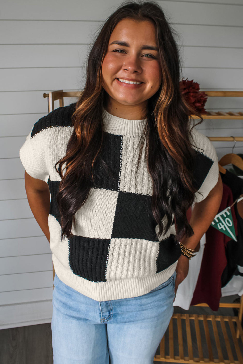 Checkered Color-Block Short Sleeve Sweater