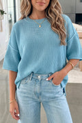 Blue Exposed Seam Half Sleeve Relaxed Sweater
