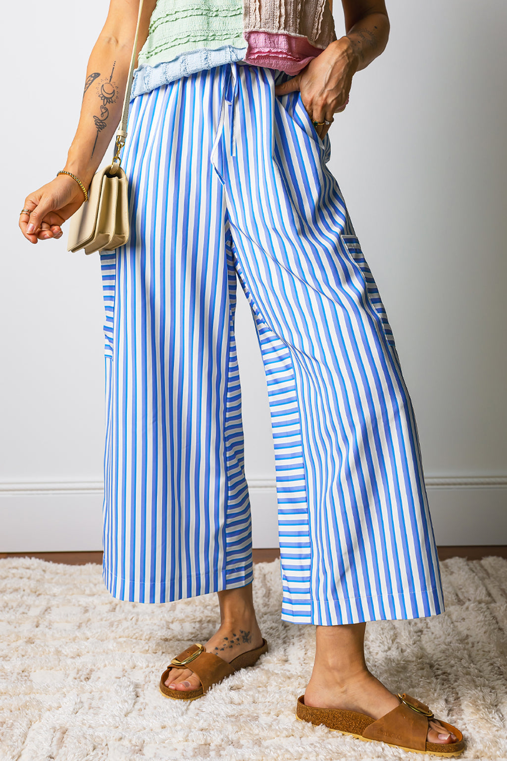 Striped Patch-Pocket Wide-Leg Ankle Pants