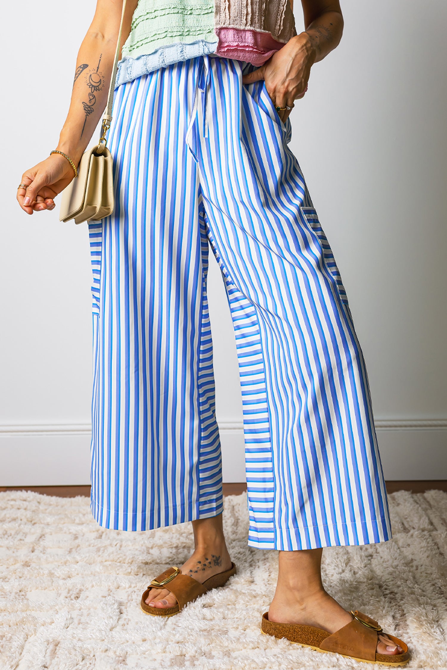 Striped Patch-Pocket Wide-Leg Ankle Pants