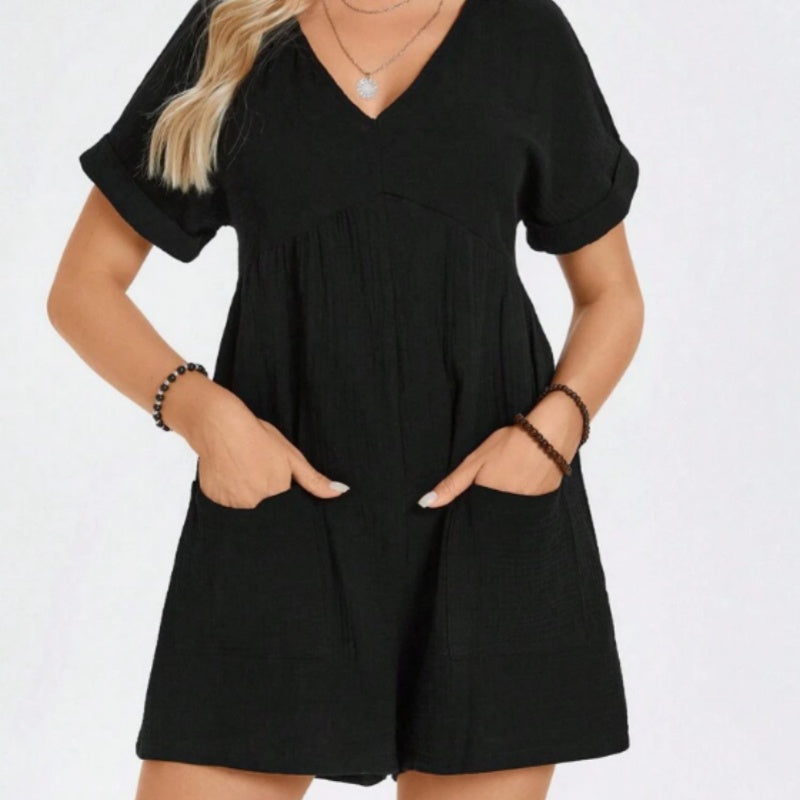 Batwing-Sleeve Cotton Pocket Romper