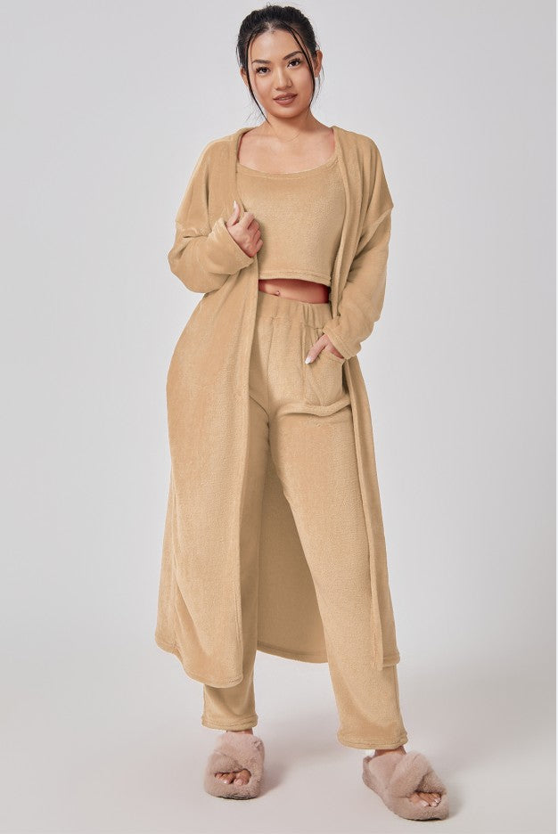 Fluffy Knit Wide-Leg Pants 3-Piece Pajama Set in Camel