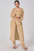 Fluffy Knit Wide-Leg Pants 3-Piece Pajama Set in Camel