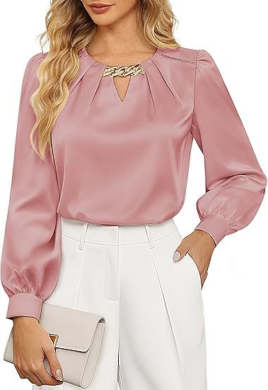 Chain-Detail Keyhole Long-Sleeve Satin Blouse