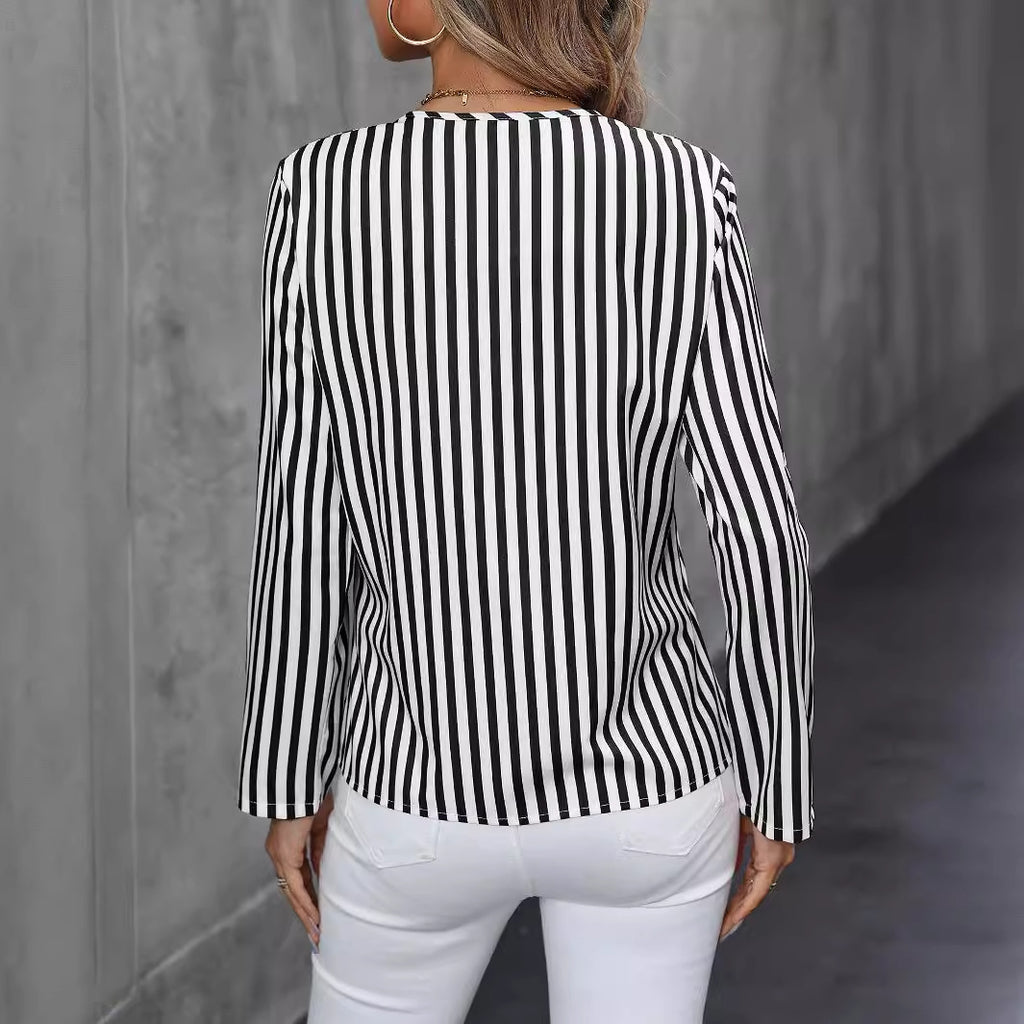 Striped V-Neck Button-Up Shirt