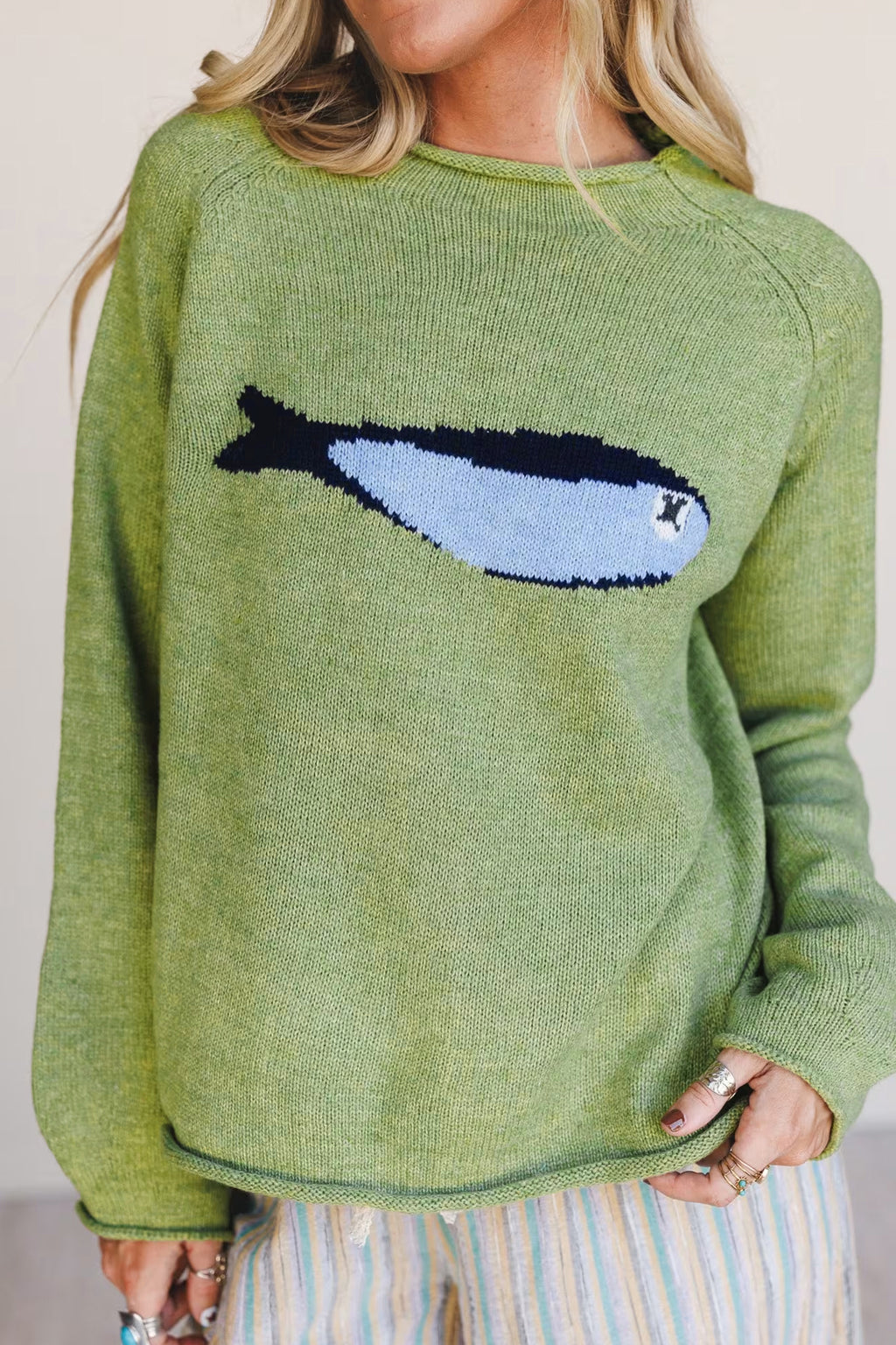 Fish Motif Oversized Round Neck Sweater