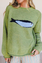 Fish Motif Oversized Round Neck Sweater
