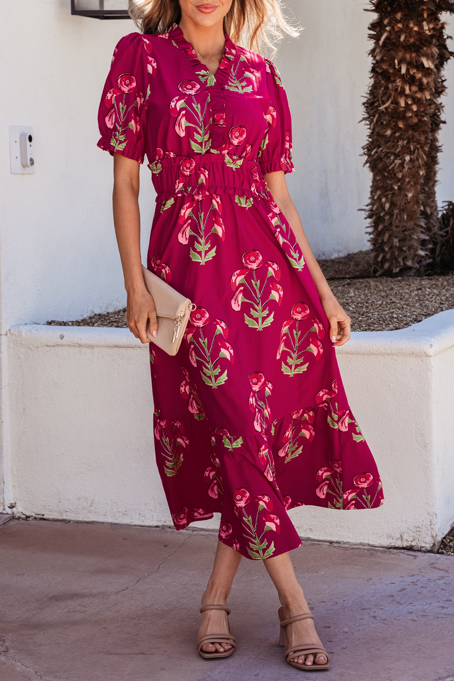Red Floral Ruffle V Neck Short Sleeve Maxi Dress