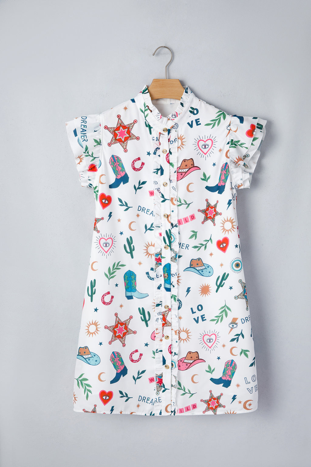 White Western Print Flutter Sleeve Button-Down Mini Dress