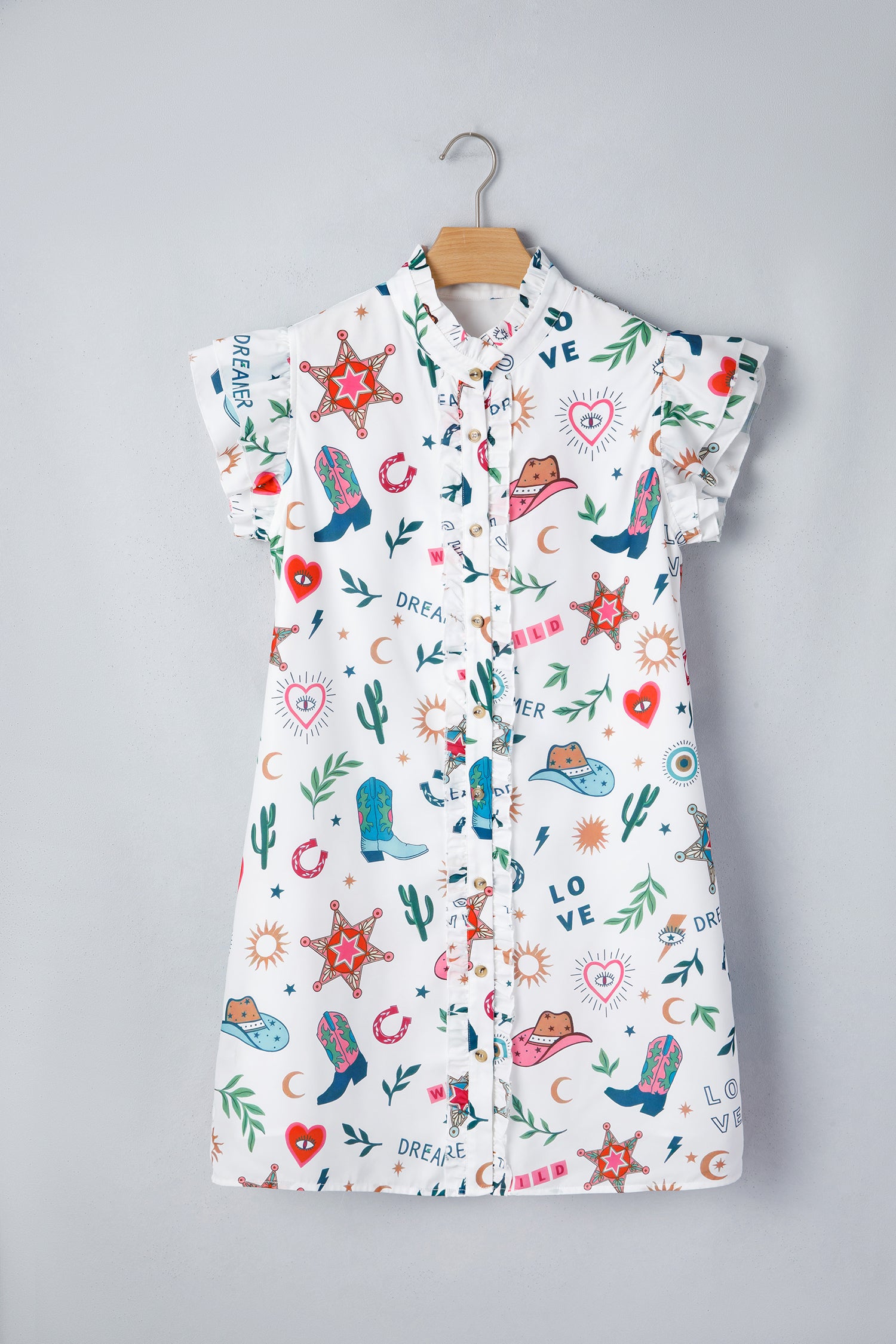 White Western Print Flutter Sleeve Button-Down Mini Dress