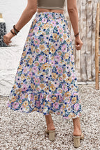 Floral Print Drawstring Ruffle-Hem Maxi Skirt