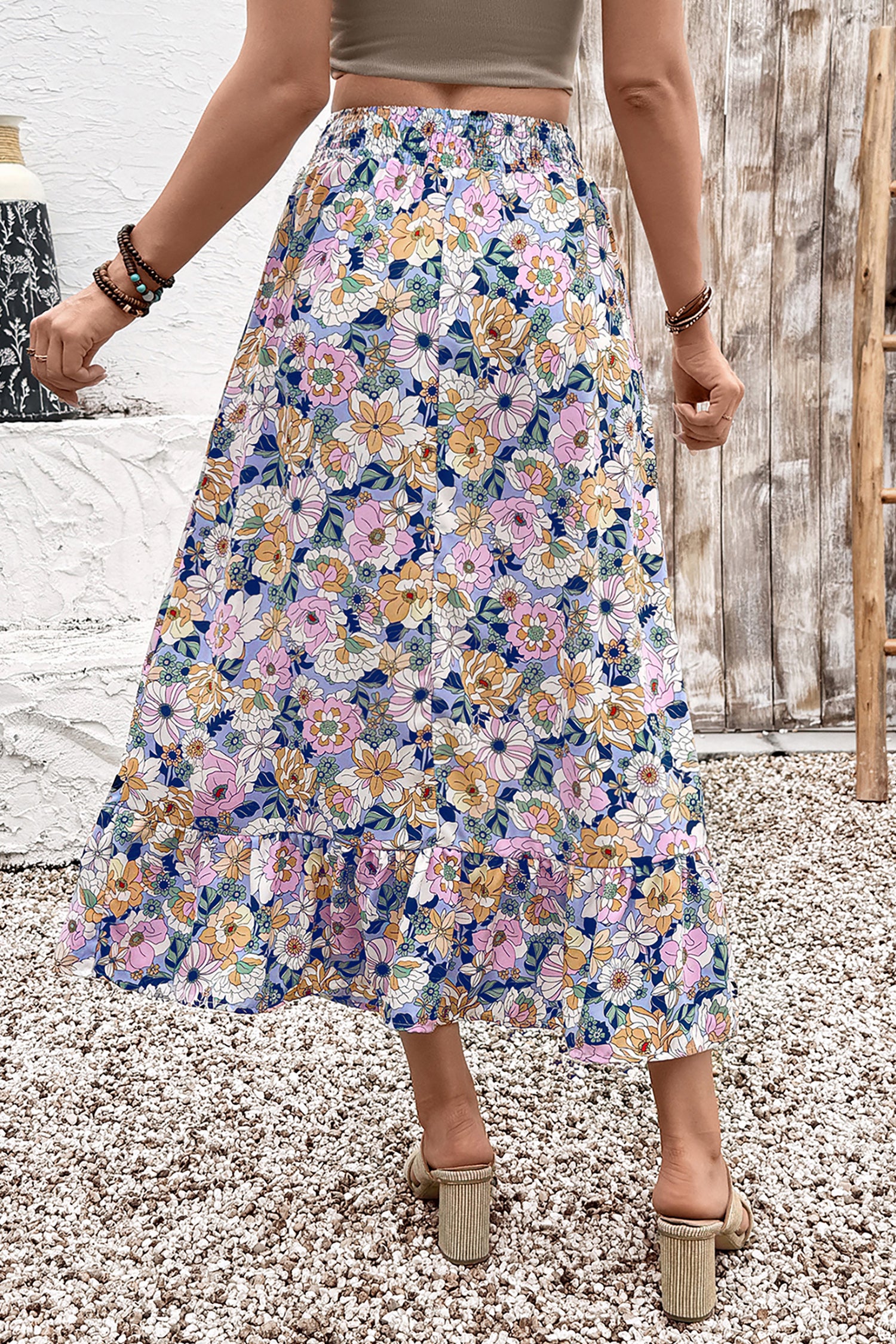 Floral Print Drawstring Ruffle-Hem Maxi Skirt