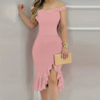 Off-Shoulder Ruffled Sheath Midi Dress