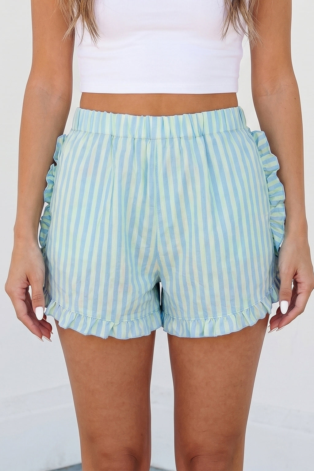 Striped Elastic-Waist Ruffle-Trim Shorts