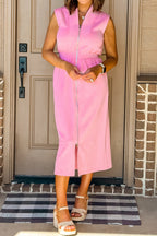 V-Neck Sleeveless Zip-Front Shift Midi Dress