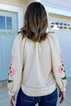 Striped Floral Embroidered V-Neck Blouse