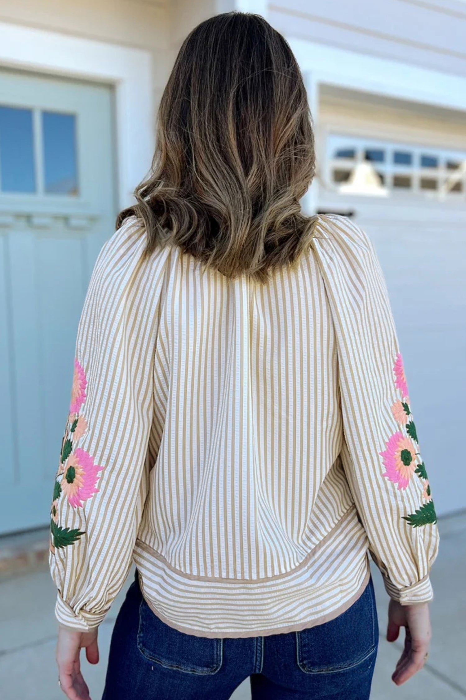 Striped Floral Embroidered V-Neck Blouse