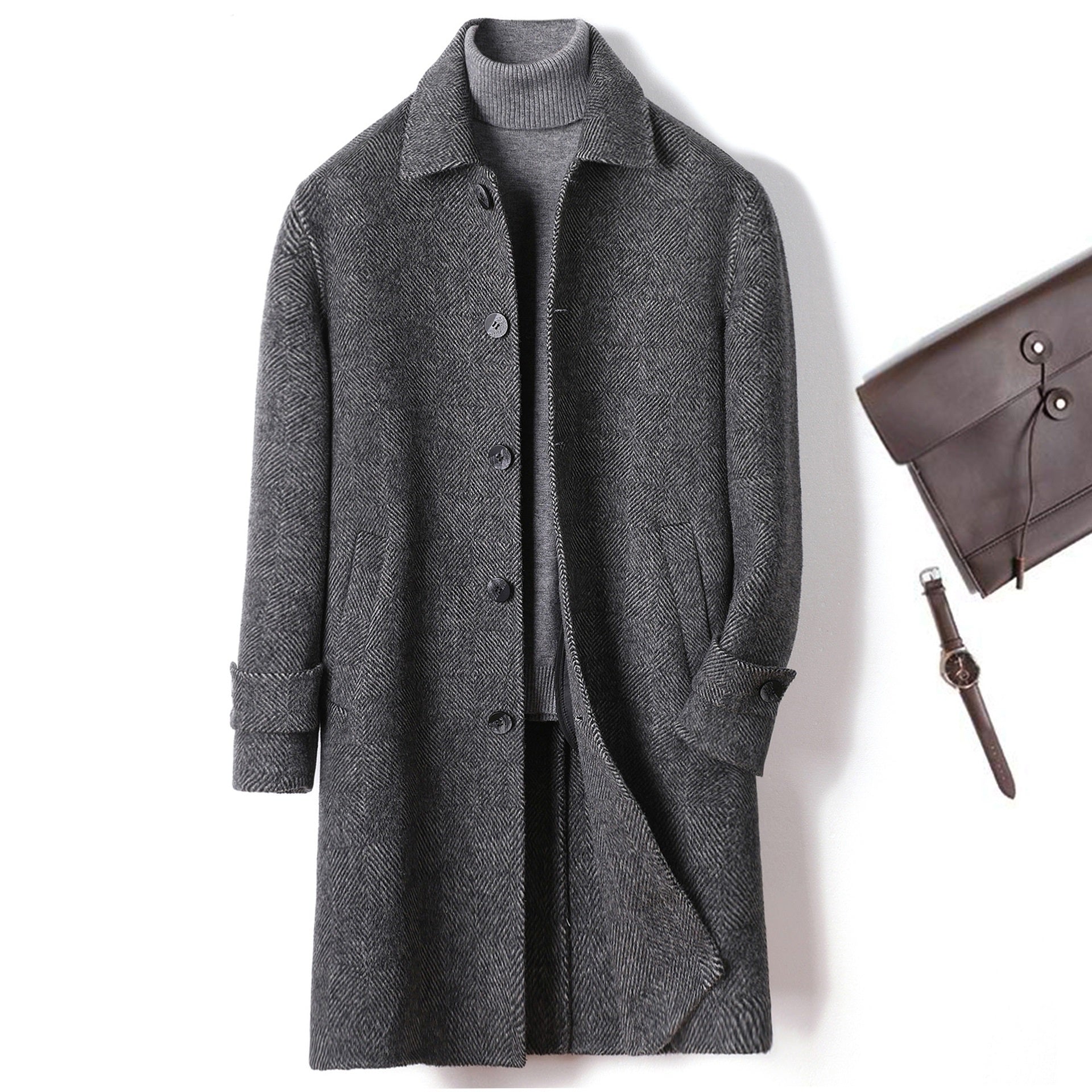 Plaid Wool Notch-Lapel Long Coat