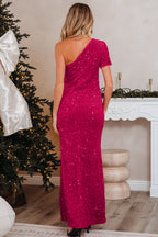 One-Shoulder Sequin Gown with Thigh Slit