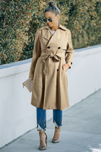 Lapel-Collar Waist-Tie Long Coat