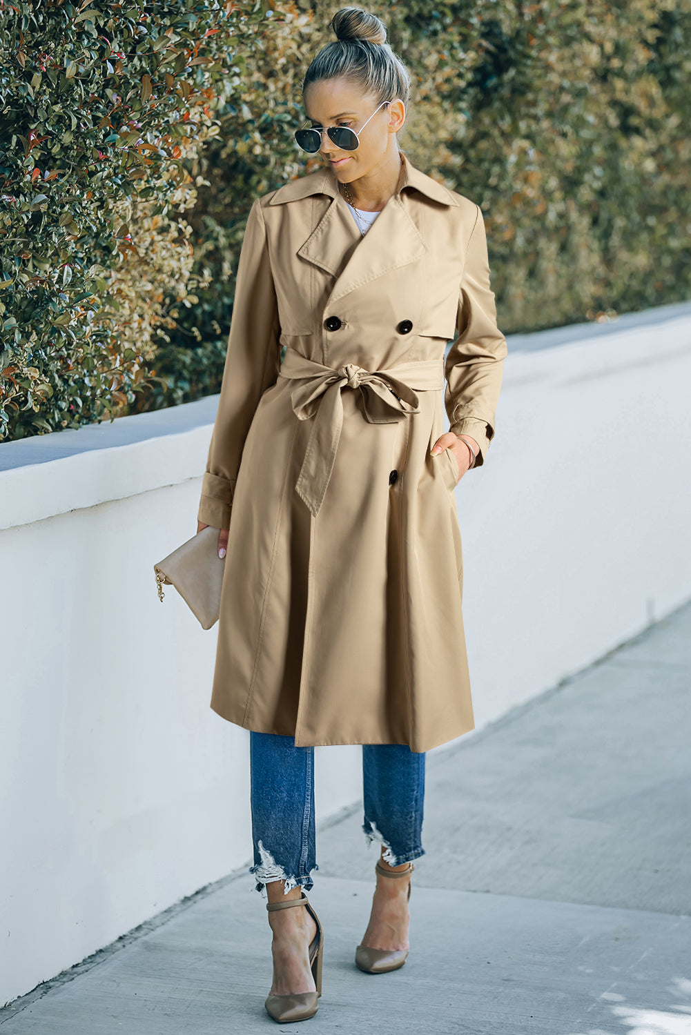 Lapel-Collar Waist-Tie Long Coat