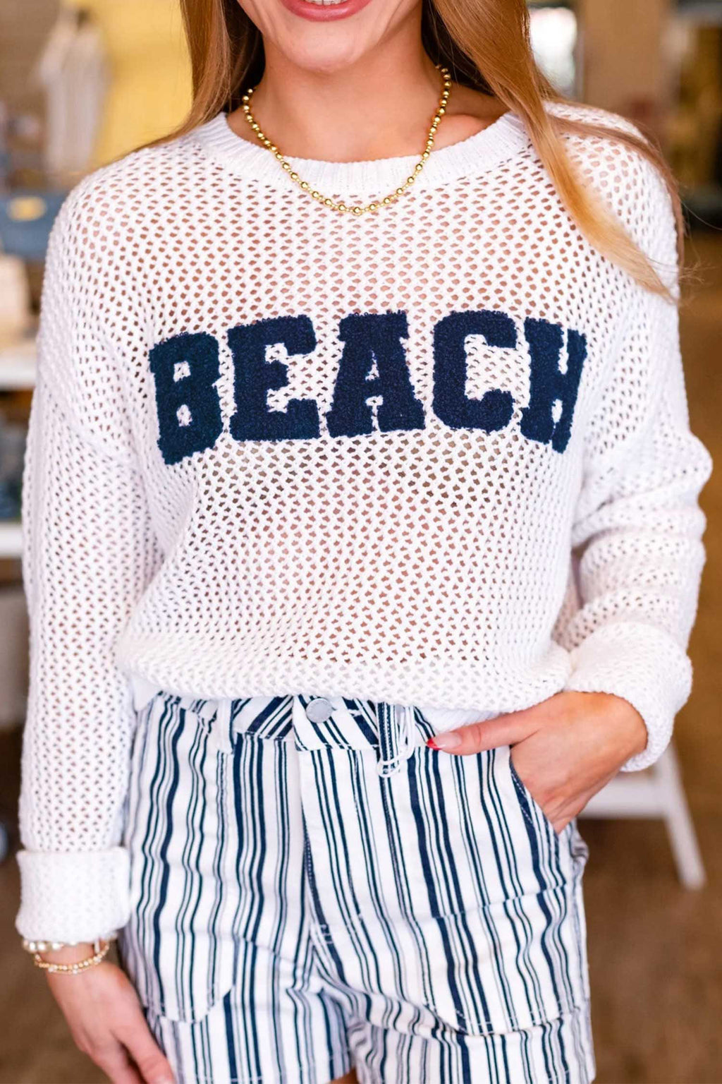 Chenille BEACH Lettering Cut-Out Knit Sweater