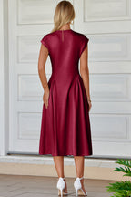 V-Neck Pleated Flared Midi Dress