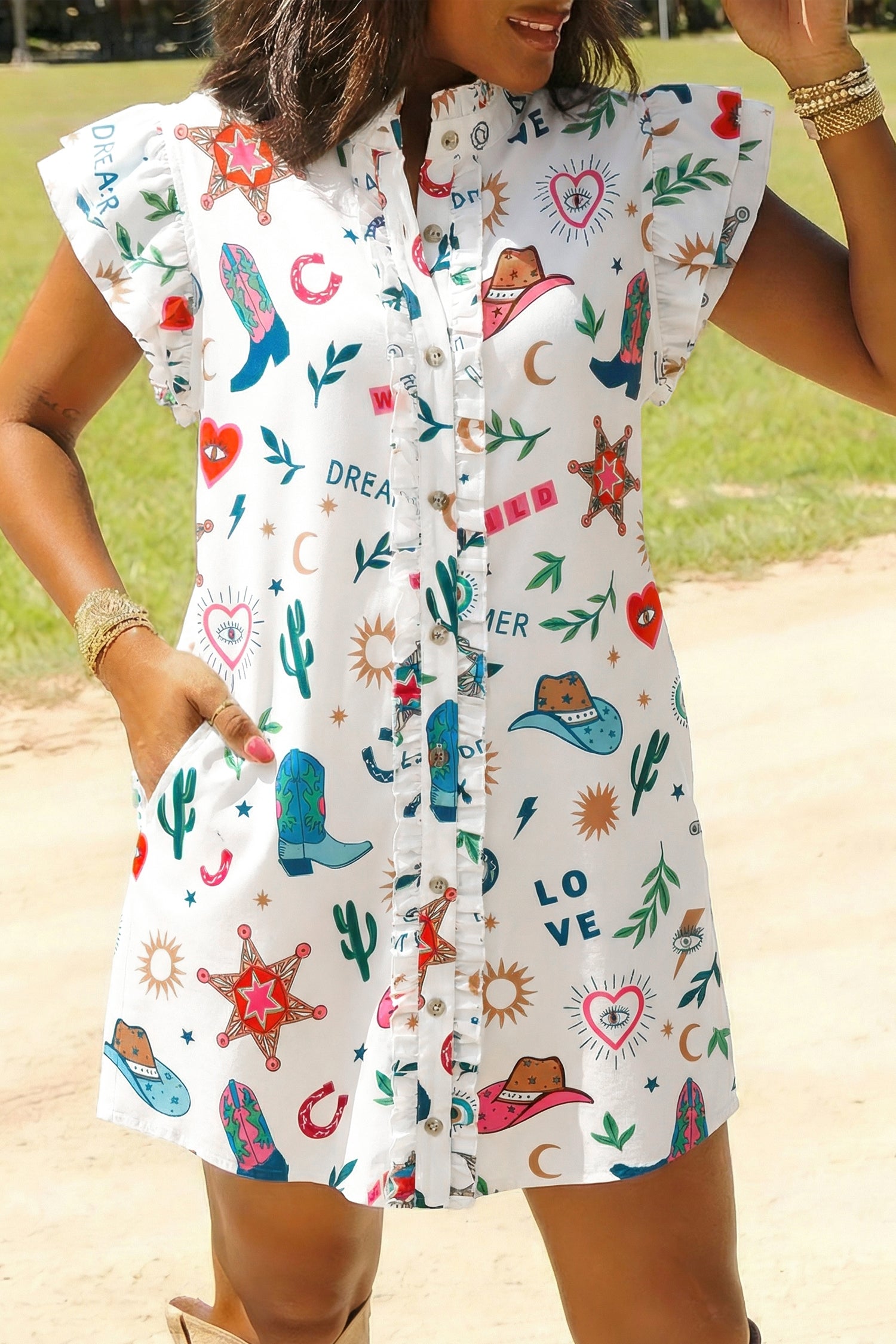 White Western Print Flutter Sleeve Button-Down Mini Dress