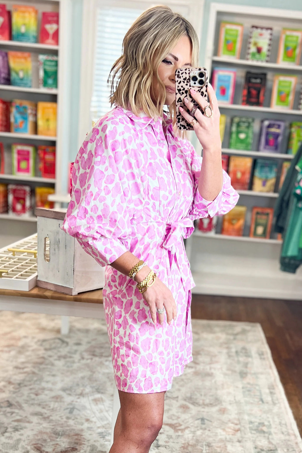 Abstract Leopard Print Tie-Waist Mini Shirt Dress