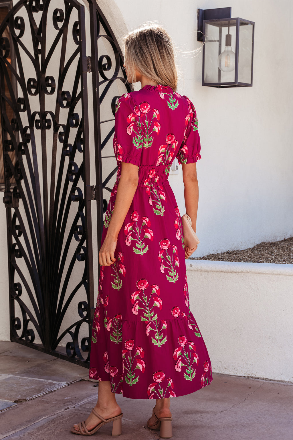 Red Floral Ruffle V Neck Short Sleeve Maxi Dress