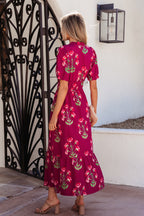 Red Floral Ruffle V Neck Short Sleeve Maxi Dress