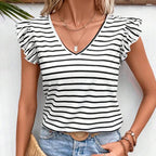 Striped Flutter-Sleeve Tie-Back Top