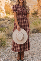 Plaid Knot-Front Smocked Midi Dress