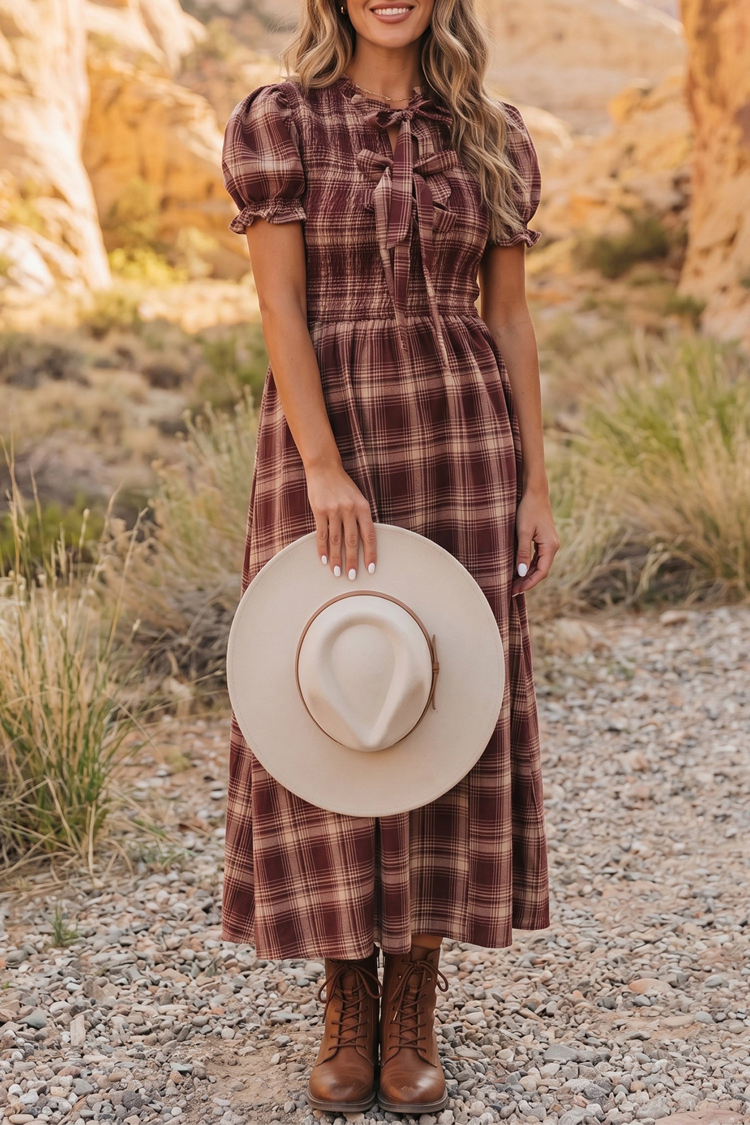 Plaid Knot-Front Smocked Midi Dress