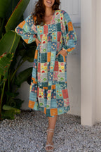 Floral Check Bubble-Sleeve Ruffle-Hem Dress