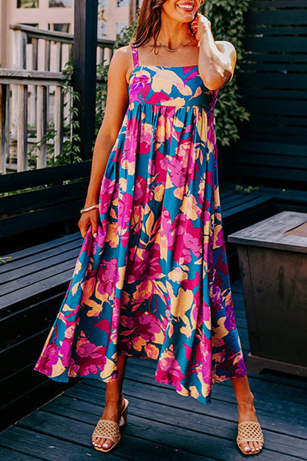 Blue Floral Sleeveless Flared Midi Dress