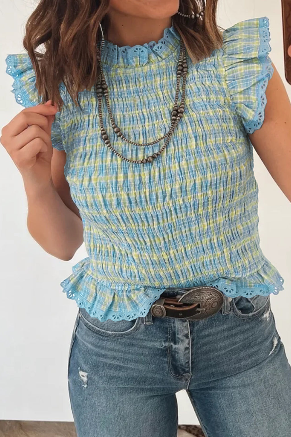 Gingham Smocked Lace-Trim Tank Top