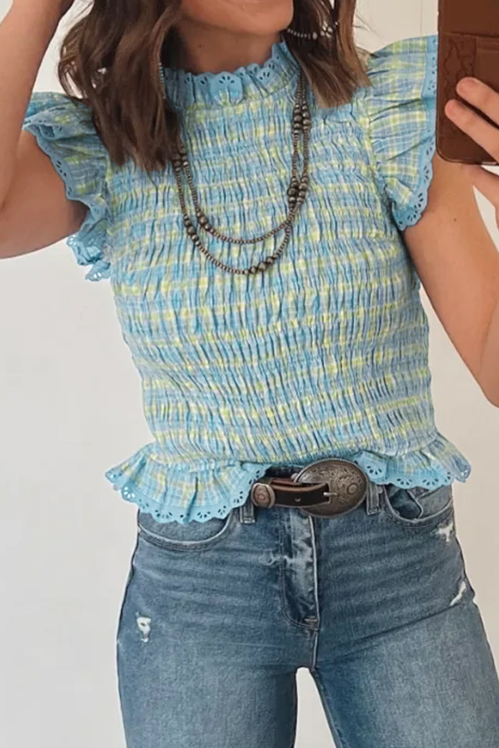 Gingham Smocked Lace-Trim Tank Top